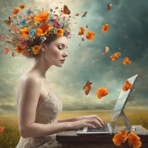 Beautiful surreal programming scenery, 100 men facing a computer and display, Men are touching the keyboard, The image is a true surrealist digital work of art, Inspired by the magical work of Maxim Verekin. Every detail of the illustration is impressive, ...