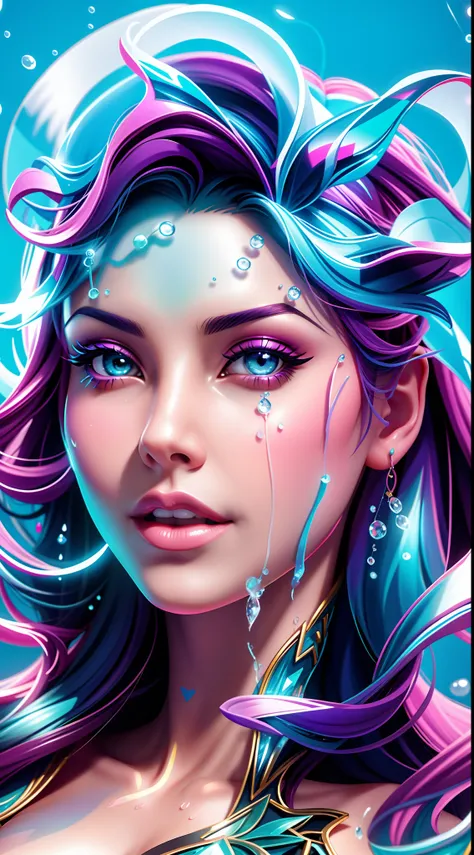 A woman with colorful hair and a blue dress is looking at the camera, lindo arte digital, closeup fantasy with water magic, bela arte digital, arte de fantasia digital colorida, Arte Digital 4K Realista, Arte Digital 4K Realista, estilo de fantasia vibrant...