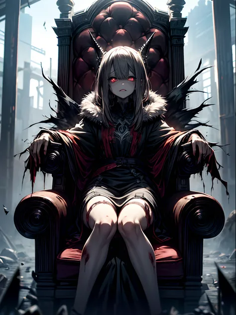 ahegao、a dark-haired、blunt bangs、sitting in a throne、black dress、very fellow humanoid characters, red eyes, she's crazy, nutty, ...