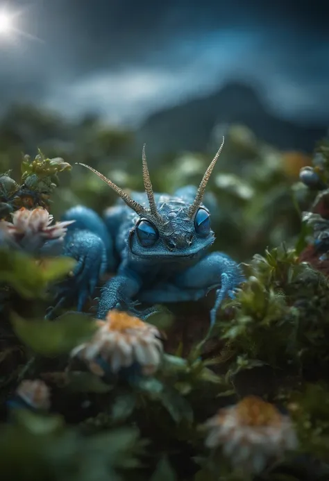 Cute creatures from space. terraforming. Blue skin，alien flora, Miki Asai Macro photography, Close-up, ultra - detailed, trending on artstationh, Sharp focus, studio photo, Intricate details, Highly detailed, author：Greg Rutkovsky
Facial details, Detailed ...