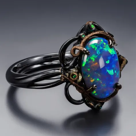 [Black opal ring]
Ring set with blue and green gemstones, , made of boulder opal,Clam-covered jewelry, vivid and detailed,Black Opal,ring lit, Golden wire，pearls, European style, dreamlike quality, small and exquisite, Precise lines, Noble, Amazing, Detail...