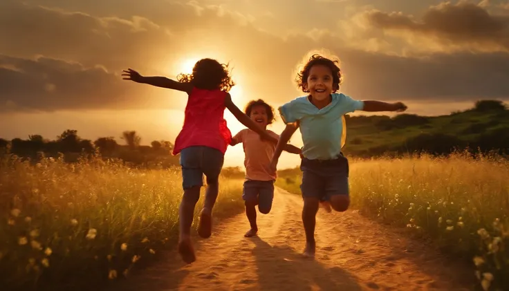 Children of Various Ages Running Happily Toward Jesus : An image that captures the joy and anticipation of children running towards Jesus., A lidna light coming from the sky , imagem mais linda do mundo