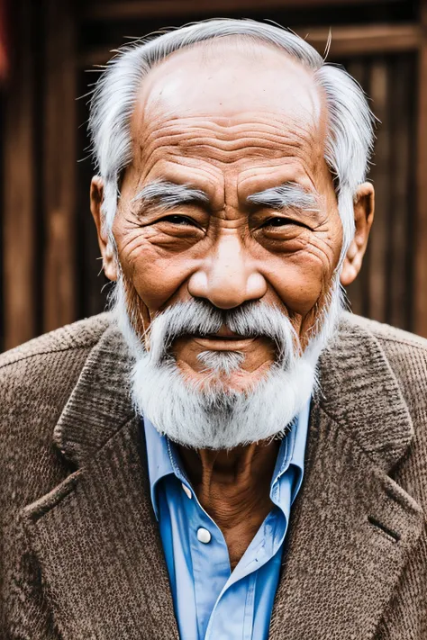 An old man with traditional Chinese thinking，Real frontal photos，Authentic background，The background is nature，holding books，worn-out clothing，Face full of wrinkles，80-year-old man，Wise eyes，The beard is white，male people，country style