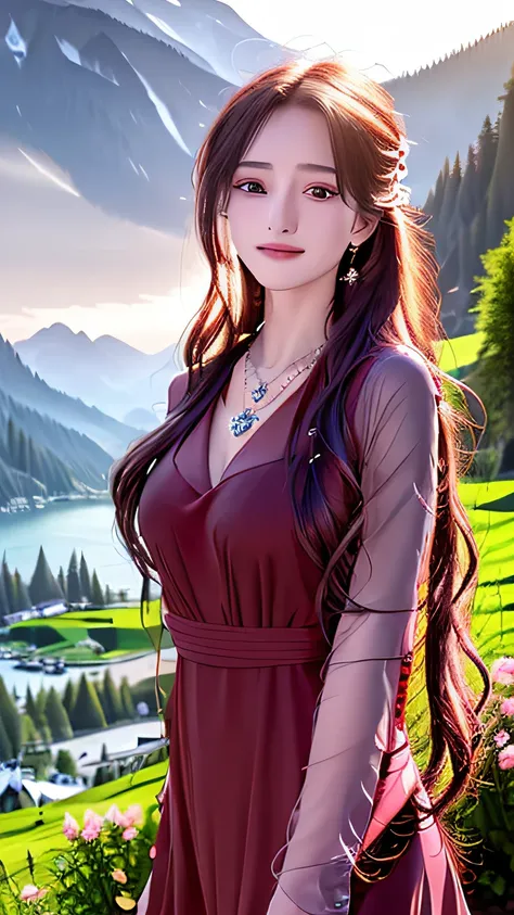 masterpiece,ultra realistic,32k,extremely detailed CG unity 8k wallpaper, best quality,
The Swiss Alps, Switzerland, ( Dark red A-line dress ) ,((spring day )), Beachy waves with a side part ,eardrop,lady ,necklace,