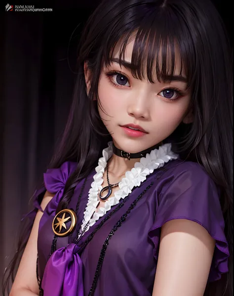 A girl, long black hair, black eyes, purple clothes, memakai kalung berwarna ungu