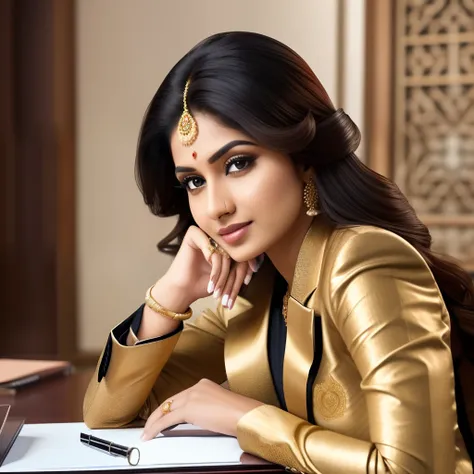 a young gorgeous successful business indain  gril wearing a fine blazer and pants sitting seriously behind a luxurious desk in a luxurious office looking to the camera. front view, Photorealism. — Indian jwellery gold --auto --s2