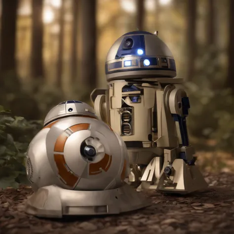 Hyperrealistische Darstellung eines futuristischen Konferenzsaals im Weltraum. Show the five droids R2-D2, C-3PO, Nummer 5, Wall-E und Baymax in 8K Ultra HD. Jeder Droide sollte im Pixar-Stil detailliert sein. Above it should be written in the style of a m...