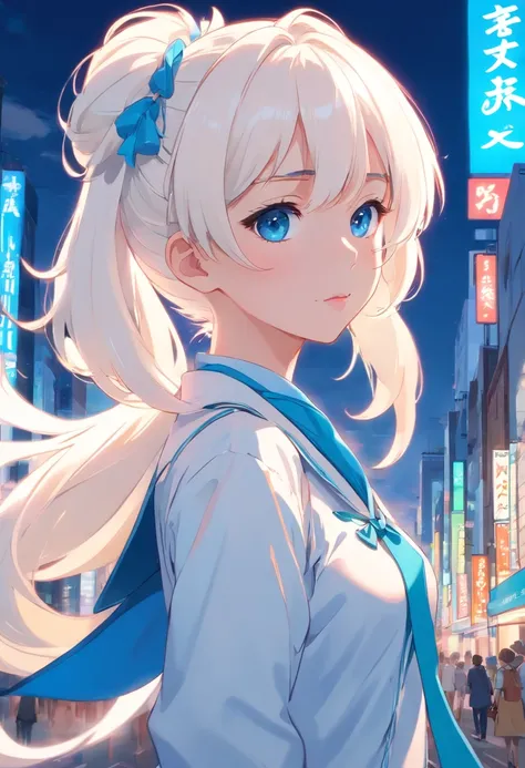 white color hair，Double ponytail curls，blue color eyes，White Lolita，Beth，A bustling city street