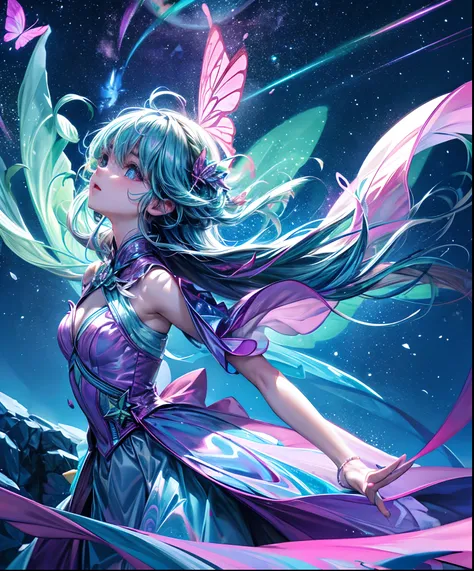 Cute iridescent round monster in space、Iridescent grass々Drawing a butterfly flying over the water, Looking up at the starry sky. Surround her with colorful nebulae and colorful forests.