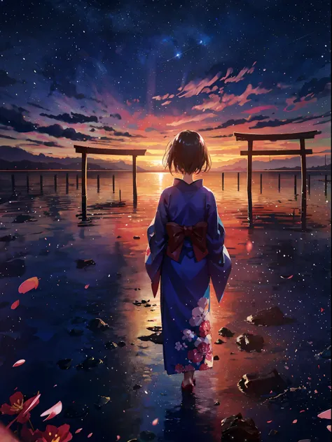 1girl, a distant girl kiss girl in a kimono gazing at the stars, (zoomed: 1.1), (meteor shower: 1.2), (comet: 1.1), your name, low angle, from behind, Northern Lights, meteors, yukata, red kimono, cherry blossoms, standing in the field, best quality, maste...