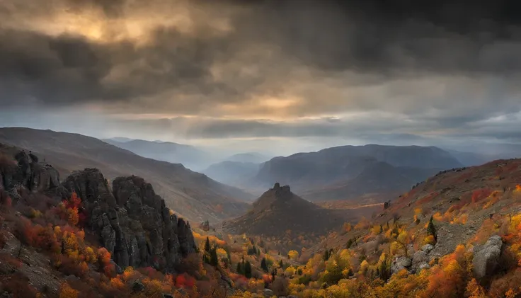 Gloomy autumn day, Sateen, Magnificent view，Landscape Photography at the Edge of the Forest Professional High Quality Digital Nature Photography，precipice，water，Boulders，Foggy sky，Traces of rain，Nightmare Vision， The plot of dark fantasy，Perfect and excell...