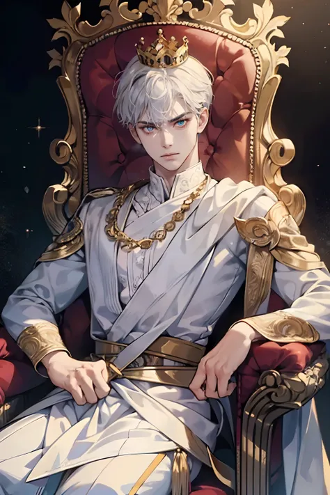 1boy, young male, Perfect male body,Eyes look to camera, (king,Wear a crown,Look serious, frown, sit on throne, ornate jewels, ),Ray tracing,Portrait, (tmasterpiece, high resolution, ultra - detailed:1.0)