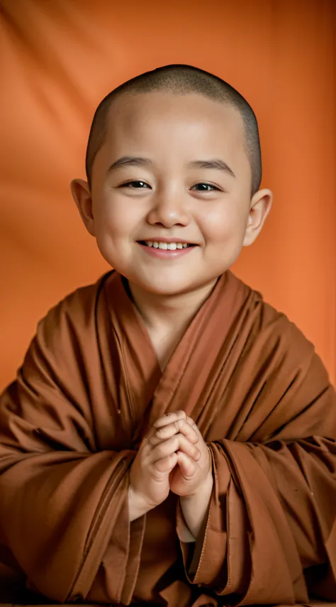 A young monk dressed in a monks robe，had his hands folded，sit with legs crossed，Smile at the camera