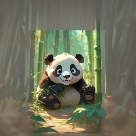 The panda sits in the middle of a bamboo forest，With a smile on his face, lovely digital painting, Cute panda, a cute giant panda, Panda, by Yang J, panda panda panda, wojtek fus, Cute detailed digital art, feng zhu |, author：Liang Kai, Ross Tran 8 K, ross...