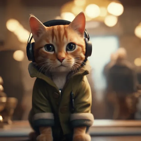 ((Best quality, 8K, Masterpiece: 1.4)),((Amazing detail: 1.3)),((illustration, Hairstyle Casual: 1.2)),((high resolution: 1.1)), A cute cat standing, headset on head, Tactical coat, Fashionab, Soft light, Colorful, Depth of field, Cinematic lighting, From ...