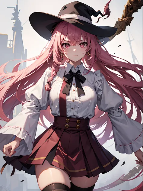 1 girl, long pink hair in a messy braided ponytail draped over one shoulder, crimson eyes, creepy mischievous grin, wearing a medium brown magician hat, slightly un-tucked three-quarter sleeve collared white shirt with an unbuttoned medium brown vest over ...