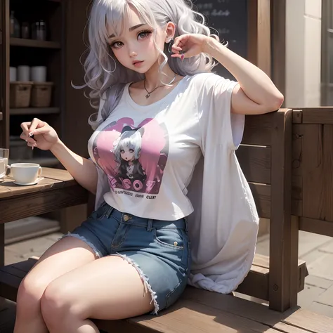 gals、Hair colorSilver、Curly hair、28 year old、Tongue piercing、shortpants、g-cup、Long、Long T-shirt、Moe Sleeve、Girl sitting、