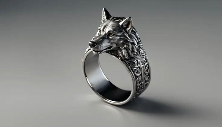 a close-up of a metal ring with a wolf, highly detailed rendering, crown rendering, metal ring, shiny surface, engraved pattern,...