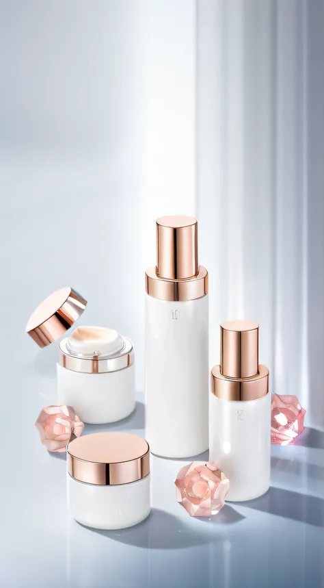 Close-up of a set of cosmetic containers on the table, exquisitedetails, SleekDesign, Skincare, Glossy design, high quality topical render, gleaming white, pristine and clean design, cosmetics, skin care, Elegant and graceful, pearlescent white, clean and ...