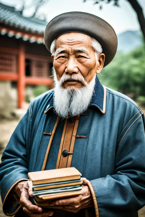 An old man with traditional Chinese thinking，Real frontal photos，Authentic background，The background is nature，holding books，worn-out clothing，Face full of wrinkles，80-year-old man，Wise eyes，The beard is white，male people，country style