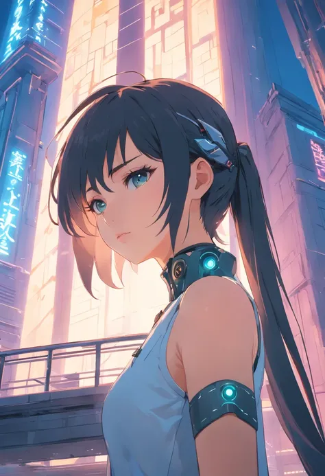 A sexy woman, Close-up of portraits, 3/4 angle, Ultra HD, cyberpunk anime, white architecture, White Tower, fantasy, 。.3D, White cybernetics dragon in background,