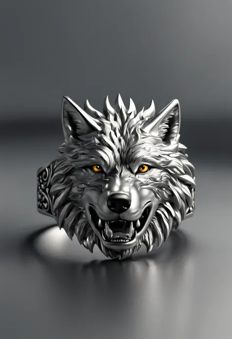 a close-up of a metal ring with a wolf, highly detailed rendering, crown rendering, metal ring, shiny surface, engraved pattern,...