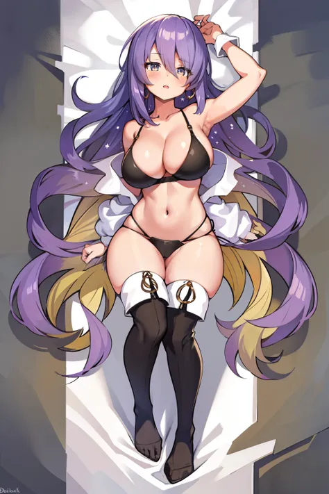 1girl, huge breasts, cleavage, huge ass,light-purple hair,long hair,lying down on bed,dakimakura,fullbody view,black sport bra,s...