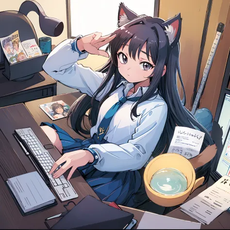 cat-eared anime girl sitting at computer desk，there is a cat on his head, cute anime catgirl, anime girl with cat ears, beautifu...