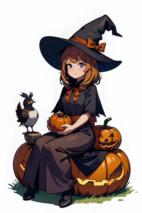 cute halloween quail in a witch costume, sitting next to a pumpkin and a Bowl of Sweets, white background, vector art, easy to remove background, tshirt art, watercolor