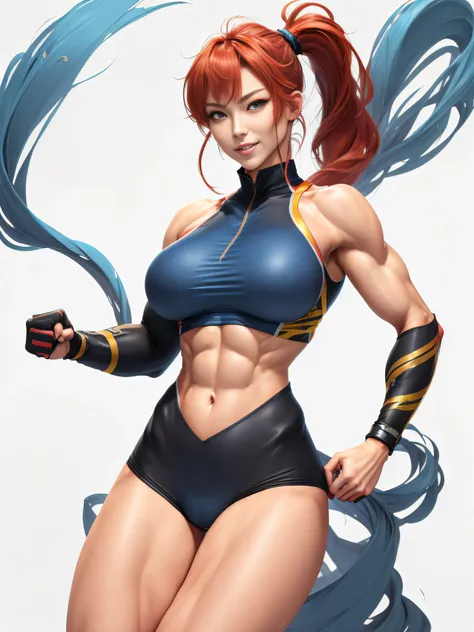 1 Female Fitness Model、Huge chest on the verge of bursting、thin and long legs、abdominals、musculature、Metallic yellow workout wear、Half Japan and half American.、25-years old、Height 175cm、sportuniversal、Cheerful smile、blue eyes、Red hair、Pony tail、glistning s...