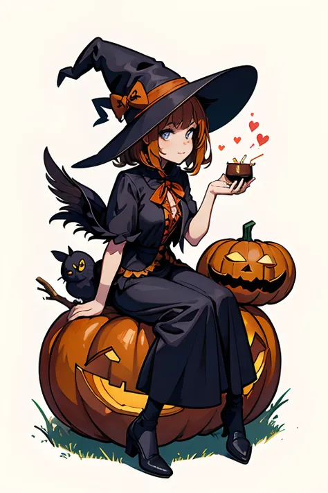 cute halloween quail in a witch costume, sitting next to a pumpkin and a Bowl of Sweets, white background, vector art, easy to remove background, tshirt art, watercolor