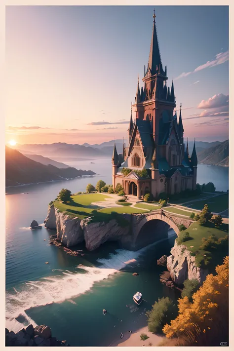 Highly detailed landscape, the most beautiful sunrise, view from a boat, clear photography, photorealistic, soft pastel colours, highly detailed, intricate, path tracing, illustration, insanely detailed, shadow mapping volumetric light, specular lighting