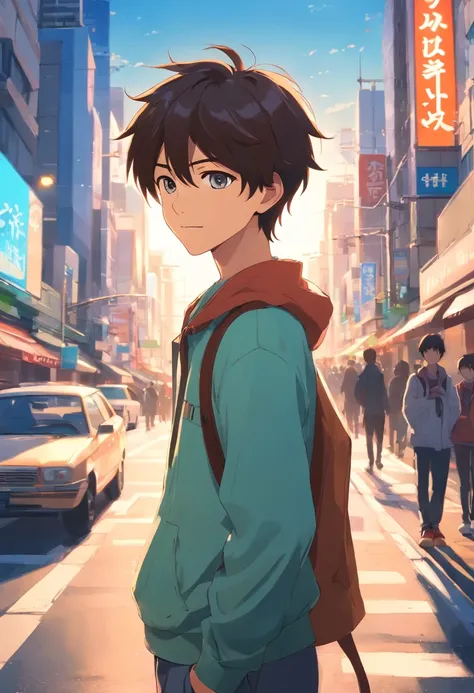 A boy, transformed into an anime style, with exaggerated unique facial features and clothing, standing on a bustling city street, backlit background highlighting the subject, high-contrast colors, 4K high-definition quality，young, smiling, handsome