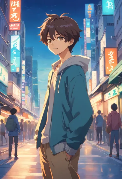 A boy, transformed into an anime style, with exaggerated unique facial features and clothing, standing on a bustling city street, backlit background highlighting the subject, high-contrast colors, 4K high-definition quality，young, smiling, handsome