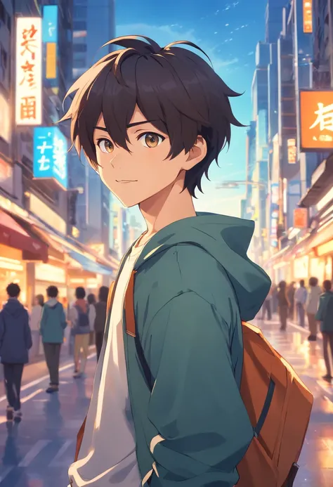 A boy, transformed into an anime style, with exaggerated unique facial features and clothing, standing on a bustling city street, backlit background highlighting the subject, high-contrast colors, 4K high-definition quality，young, smiling, handsome