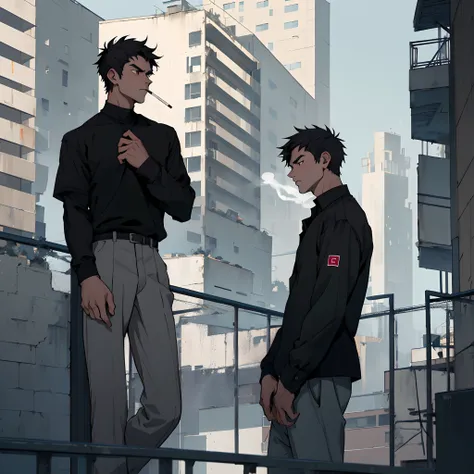 Guy 17 years old, black  hair, black undershirt, Smokes, Cigarettes, On the balcony, Grey World, dull high-rise buildings, Sad Russia, A dull look, looking aside, looks into the distance, Cuts on the wrists, Disney 2D Animation Style