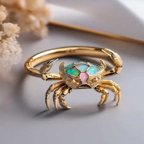 （Small crab shaped ring gravel opal ring close-up：1.2）,Cute crab eyes，Complete limbs full of details， copious jewelry,  ,Platinum and gold thread，Cute styling，cartoony，black gold