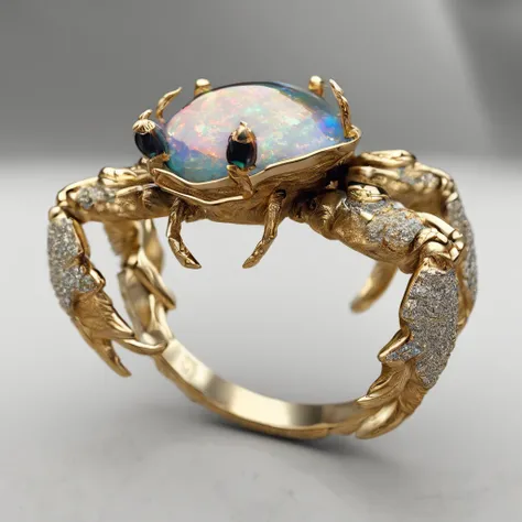 （Small crab shaped ring gravel opal ring close-up：1.2）,Cute crab eyes，Complete limbs full of details， copious jewelry,  ,Platinum and gold thread，Cute styling，cartoony，black gold