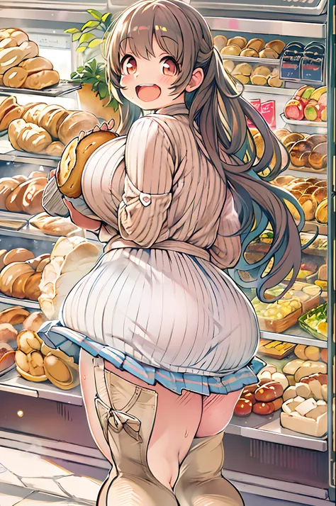 女の子1人、huge-breasted、kawaii、bbw、thick thight、big butts、Ultramammy,ＴThe shirt、pleatedskirt、Bakery clerk、Bread lining、A big smile