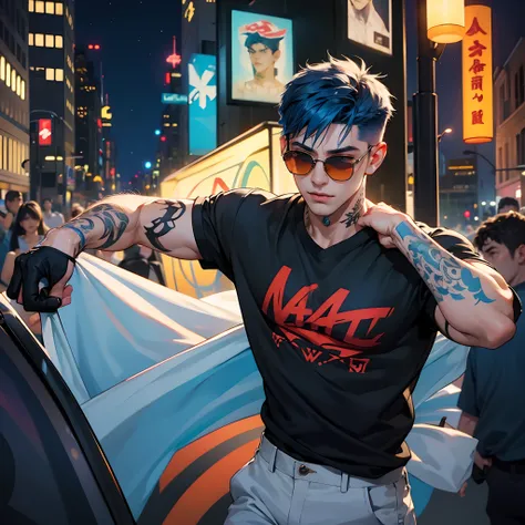 Handsome boy, fade haircut, blue hair, sunglasses, in the night city, chinos pants, violate t-shirt, muscle, phone in hand, hand tattoo, neck tattoo, 8k ultra, masterpiece