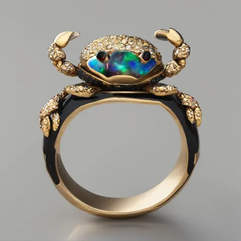 （Small crab shaped ring gravel opal ring close-up：1.2）, （Cute crab eyes and mouth），Complete limbs full of details， （Professional bezel setting）copious jewelry,  ,Platinum and gold thread，Cute shape，Cartoony，Black gold