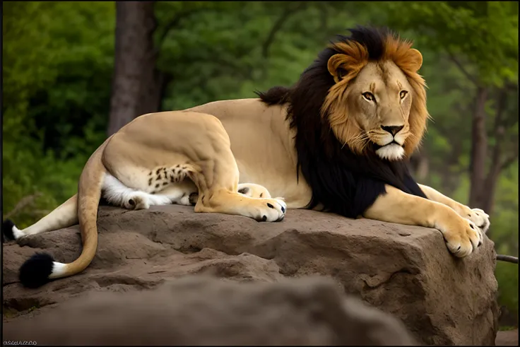 There is a lion lying on a rock in the forest, doing a hot majestic pose, king of the jungle, regal pose, doing a majestic pose, Majestic Pose, proud looking, aslan the lion, Filmed at the zoo, Proud look, Proud look, Zoo Photos, proud looking away, Photos...