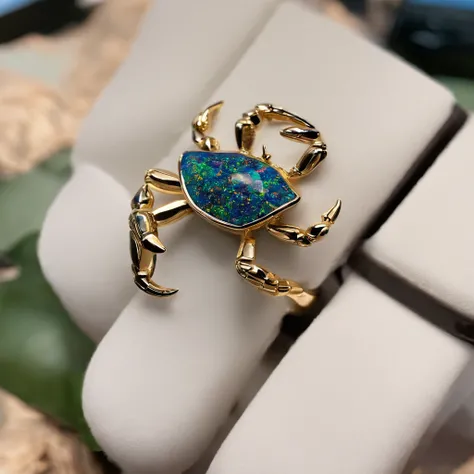 （Small crab shaped ring gravel opal ring close-up：1.2）, （Cute crab eyes and mouth），（2 large clips of the crab for the ring）Complete limbs full of details， （Professional inlaying），copious jewelry,  ,Platinum and gold thread，Cute shape，Cartoony，Black gold