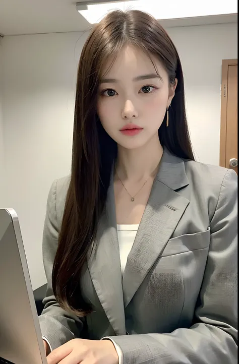 ((s Office、Real Light、top-quality、8K、​masterpiece:1.3))、Beautiful girl with normal body shape:1.4、Brown hair、Wearing a suit、Operating a computer、A detailed face、A detailed eye、二重まぶた