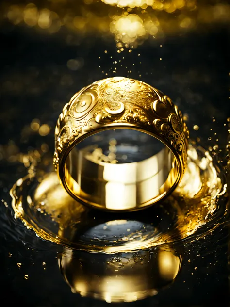 (8k masterpiece, cinematic RAW photo, best quality:1.2) platinum ring floating in (liquid gold:1.4), dark atmosphere, maori markings, intricate maori patterns, gold splash, shockwave, ripples, gold puddle reflections . 35mm photograph, film, bokeh, profess...