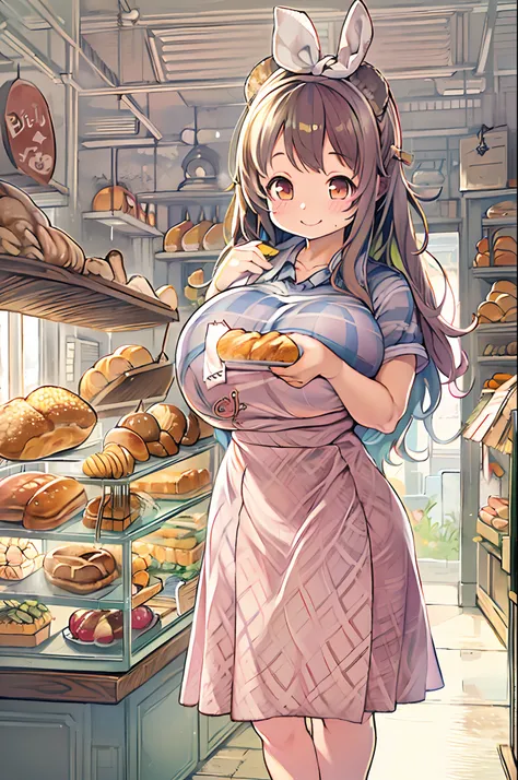 女の子1人、huge-breasted、kawaii、bbw、thick thight、big butts、Ultramammy,pleatedskirt、Bakery、Baker、Bread lining、A big smile