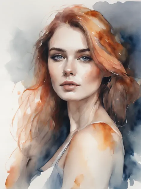 (8k, best quality, masterpiece:1.2),(best quality:1.0), (ultra highres:1.0), watercolor, a beautiful woman, shoulder, hair ribbons, thigh,sitting,by agnes cecile, half body portrait, extremely luminous bright design, pastel colors, (ink:1.3), autumn lights