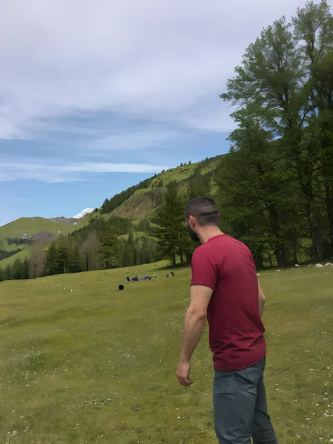 A man with a frisbee stands in a field, hills in the background, A meadow in the background, Standing in front of the mountain, A rocky hill can be seen in the distance, Looking at the mountains, Mountain in the background, forrest in background, Moving aw...