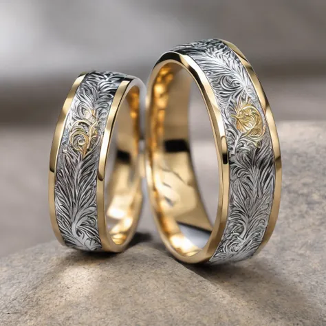 couple ring, golden platinum, dragon engraved, phoenix engraved, purple light streams emanating from the rings