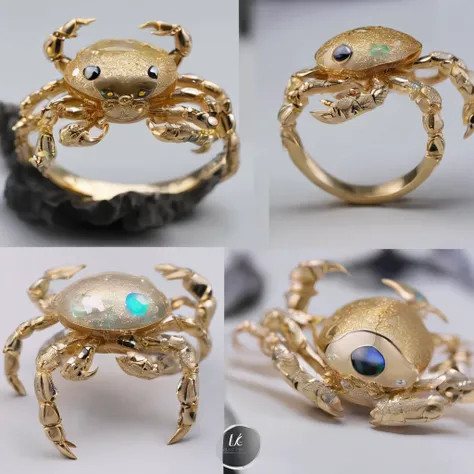 （Ring close-up of crab-shaped gravel opal：1.5）, （Opal inlaid cute crab eyes and mouth），There are playful and smart tentacles on the head，（2 crab clips wrapped around the ring handle：1.0），Complete limbs full of details，对称，（Professional inlaying），copious jew...